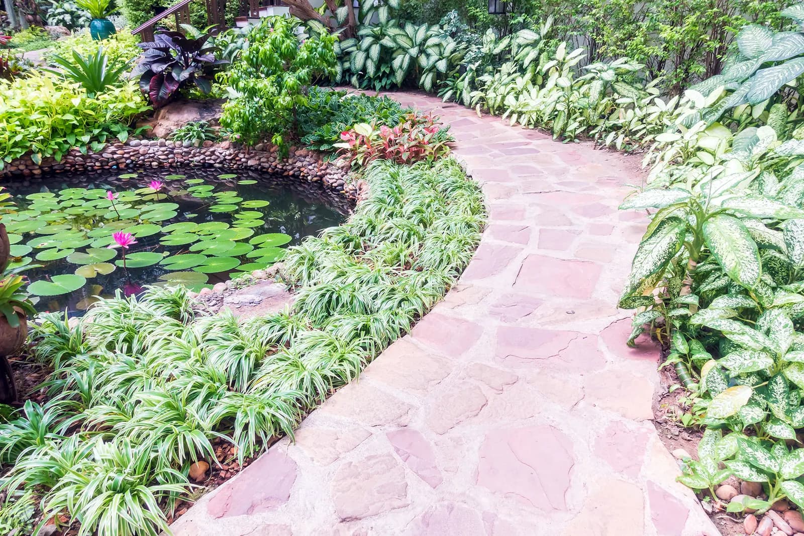 Bepflanzter Gartenteich mit geschwungenem Plattenweg