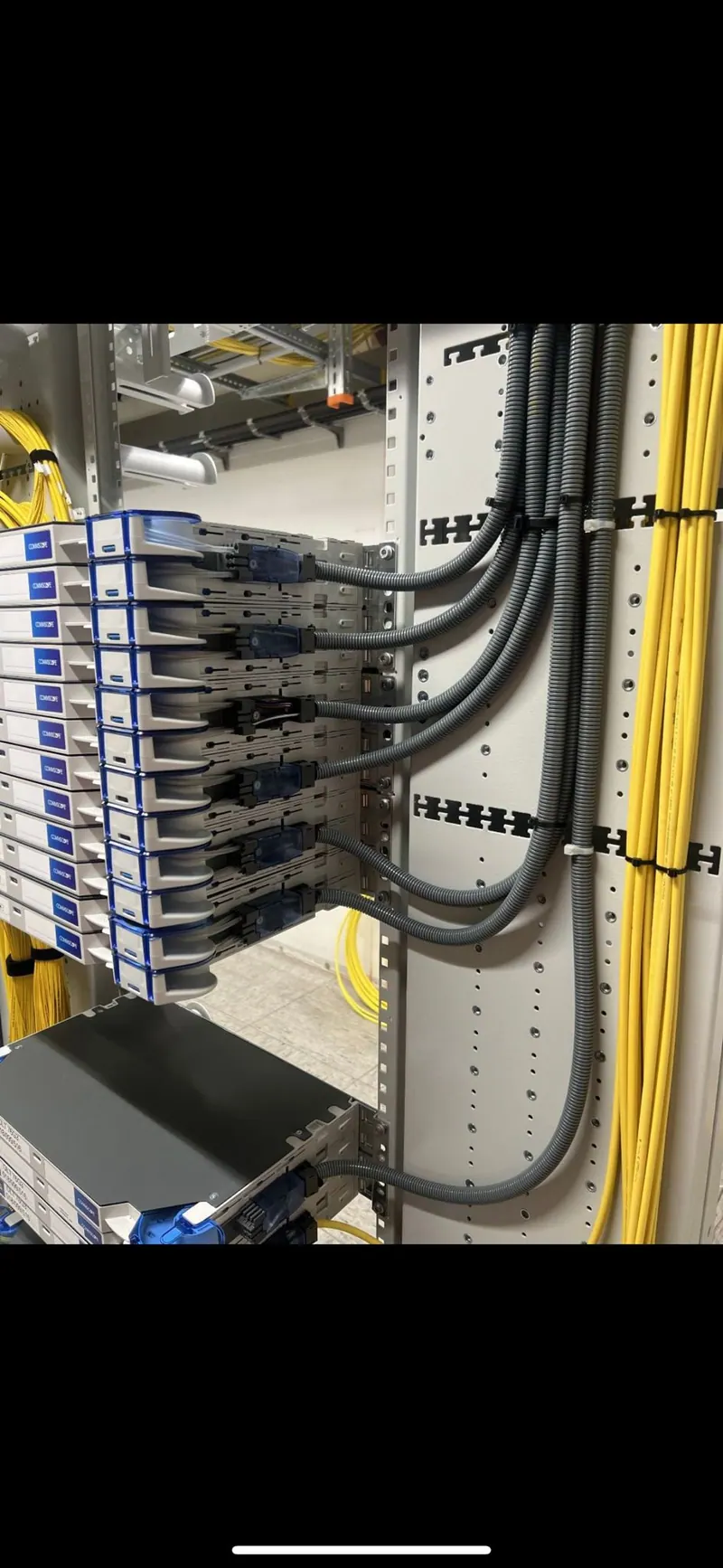 Anschlussmodule mit Patchkabeln im Technikschrank