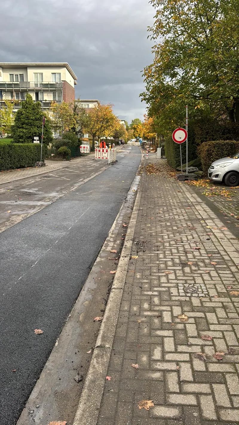 Fertiggestellte Straße mit Pflasterstreifen und Bordstein im Herbst