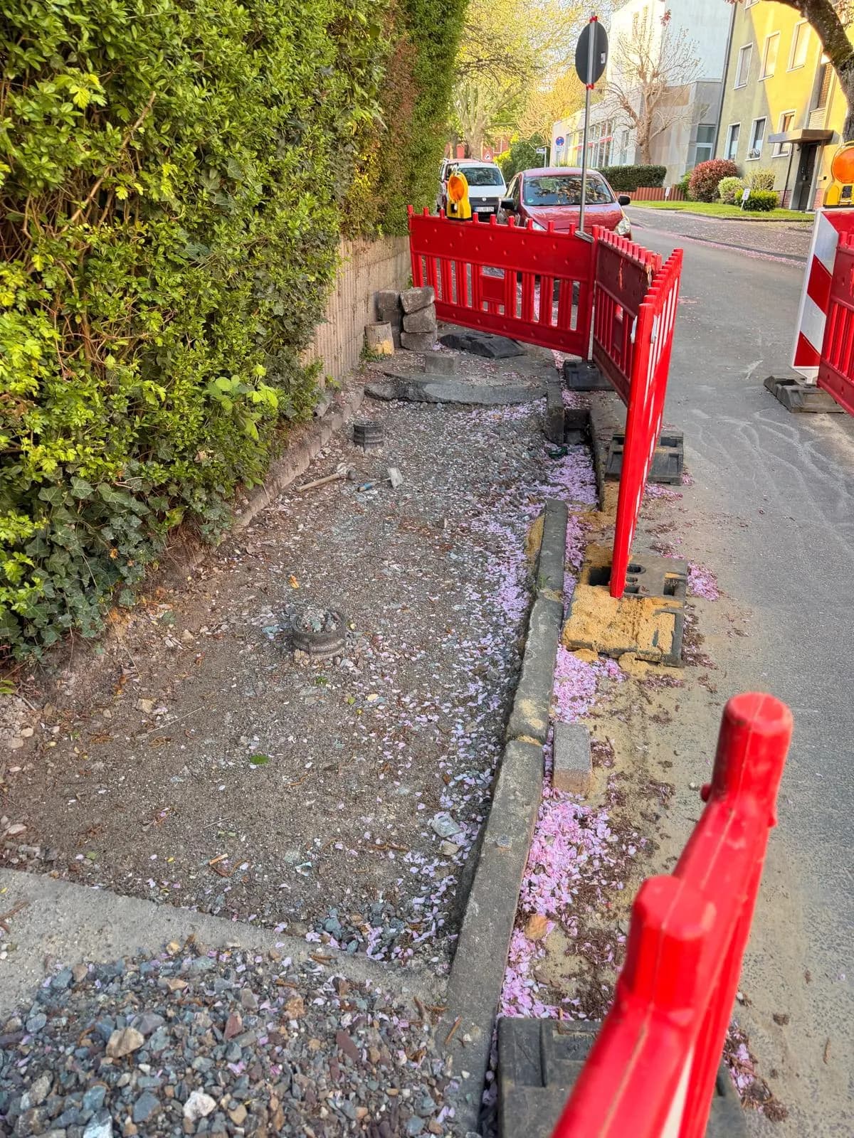 Leitungsgraben entlang einer Hecke, gesichert durch rote Absperrgitter