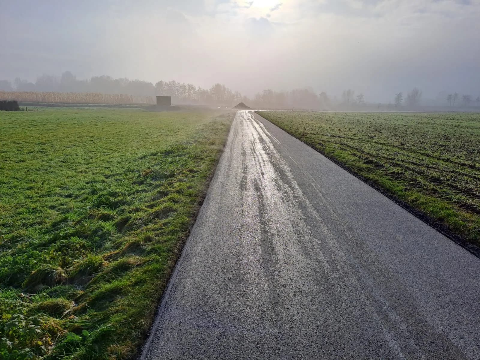 Fertiggestellter Wirtschaftsweg zwischen Feldern im Morgennebel