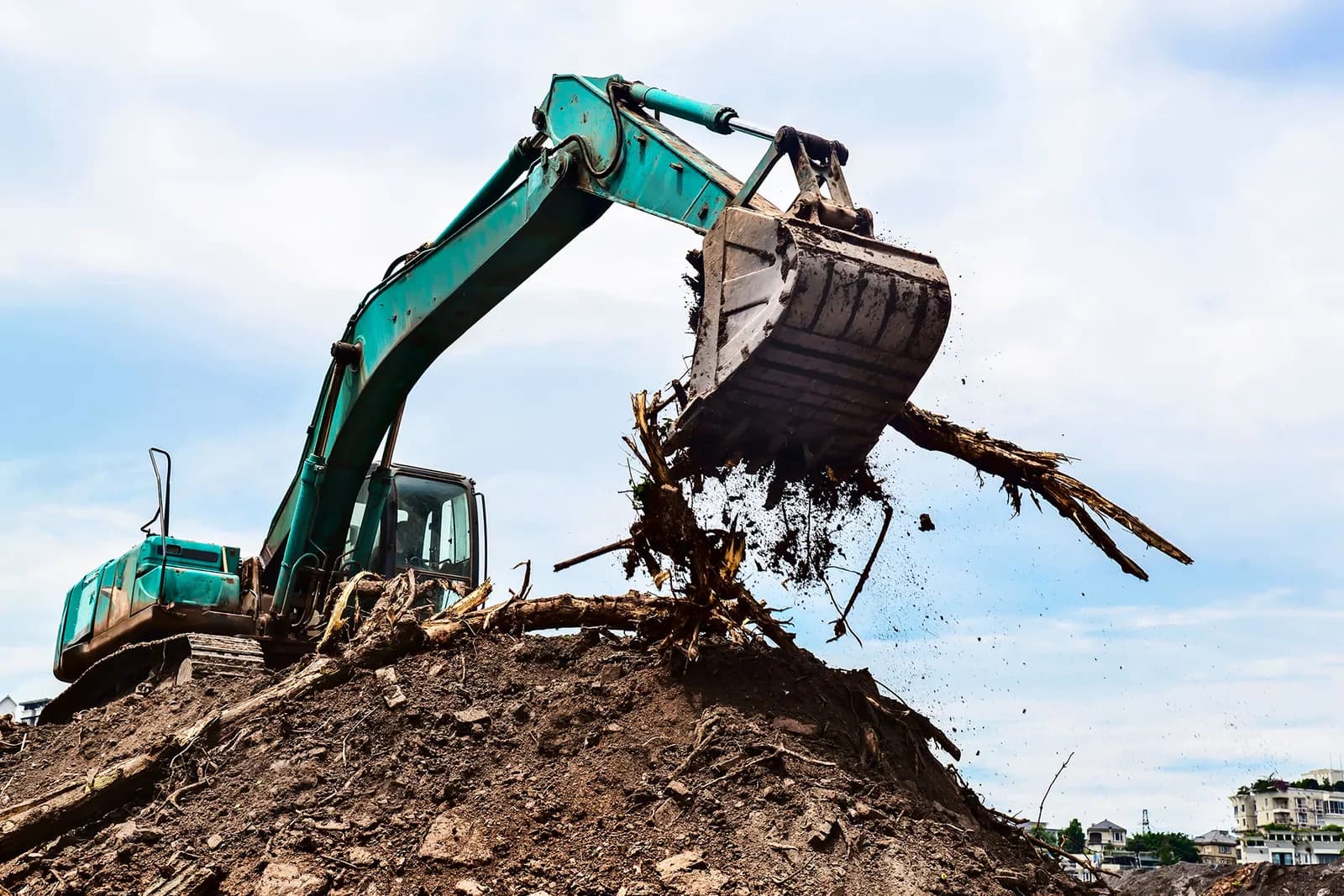 Kettenbagger hebt Wurzelwerk aus einem Erdhaufen